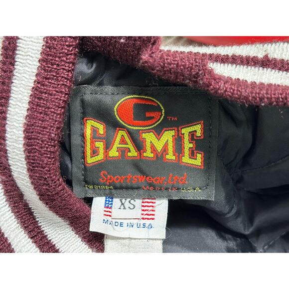 Vintage Game Sportswear Jacket Mens XS Maroon White Varsity Leather Made USA 90s - Picture 3 of 6